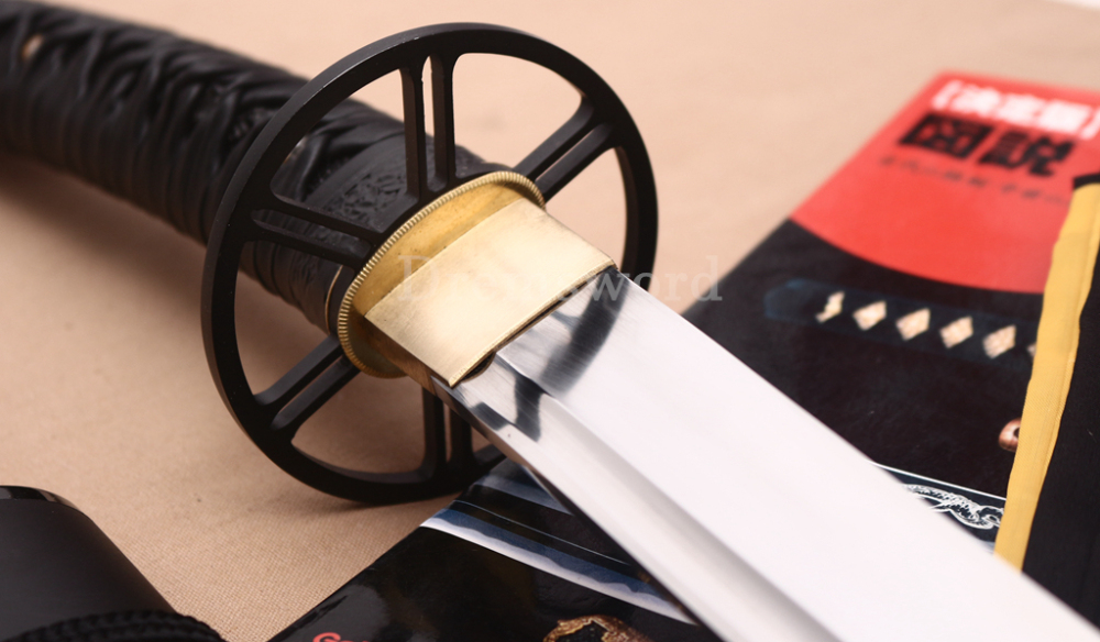 T10 Clay Tempered Katana 3.5cm Blade Japanese Samurai Sword SHINOGI-ZUKURI Full Tang Iron Tsuba Black Saya