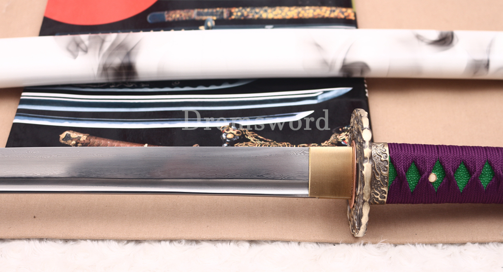 Handmade Damascus Folded Steel Katana Japanese Samurai Real Sword Battle Ready Shinogi Zukuri Purple and White