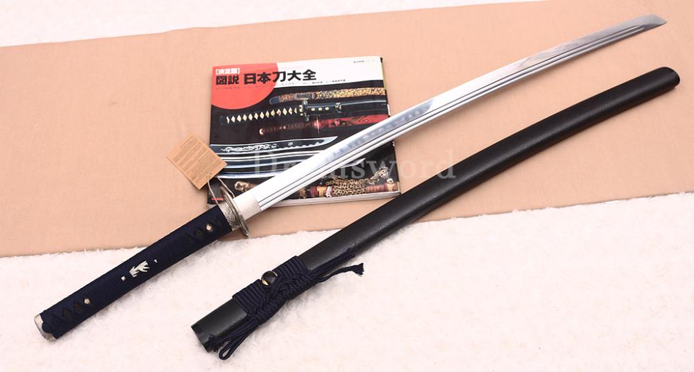 T10 Clay Tempered Katana Double Bo-hi Japanese Samurai Sword SHINOGI-ZUKURI Full Tang Cupronickel Tsuba Ox Horn Black Saya