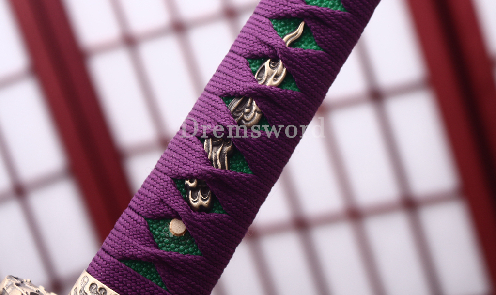 Handmade Damascus Folded Steel Katana Japanese Samurai Real Sword Battle Ready Shinogi Zukuri Purple and White