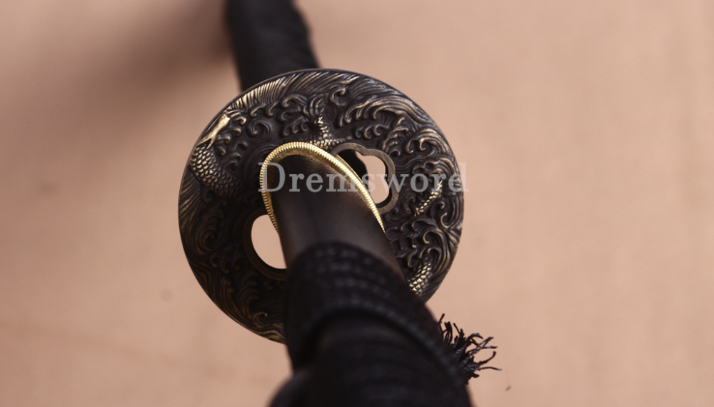 52" Damascus Folded Steel Nodachi Long Katana Shnogi-Zukuri Japanese Samurai Sword Black for Battle