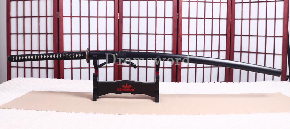 52" Damascus Folded Steel Nodachi Long Katana Shnogi-Zukuri Japanese Samurai Sword Black for Battle