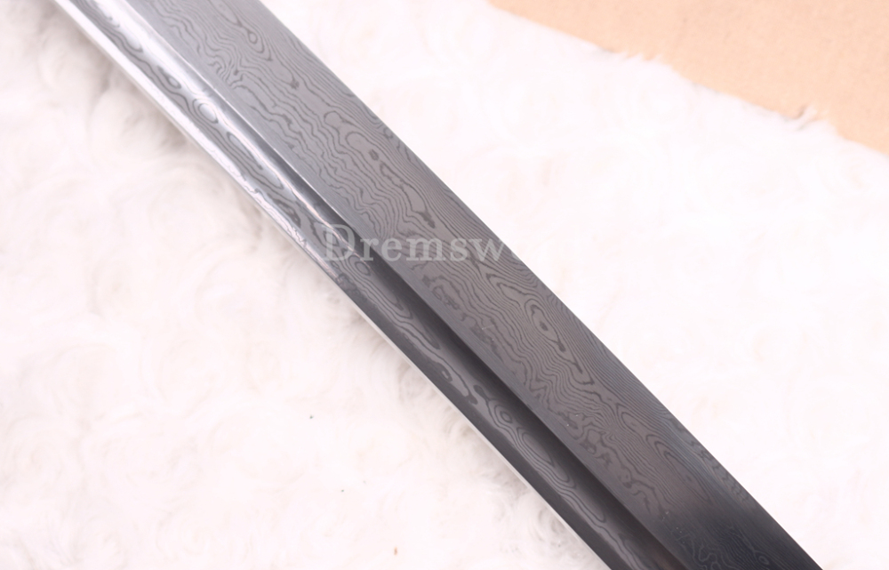 52" Damascus Folded Steel Nodachi Long Katana Shnogi-Zukuri Japanese Samurai Sword Black for Battle