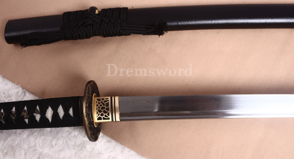 52" Damascus Folded Steel Nodachi Long Katana Shnogi-Zukuri Japanese Samurai Sword Black for Battle