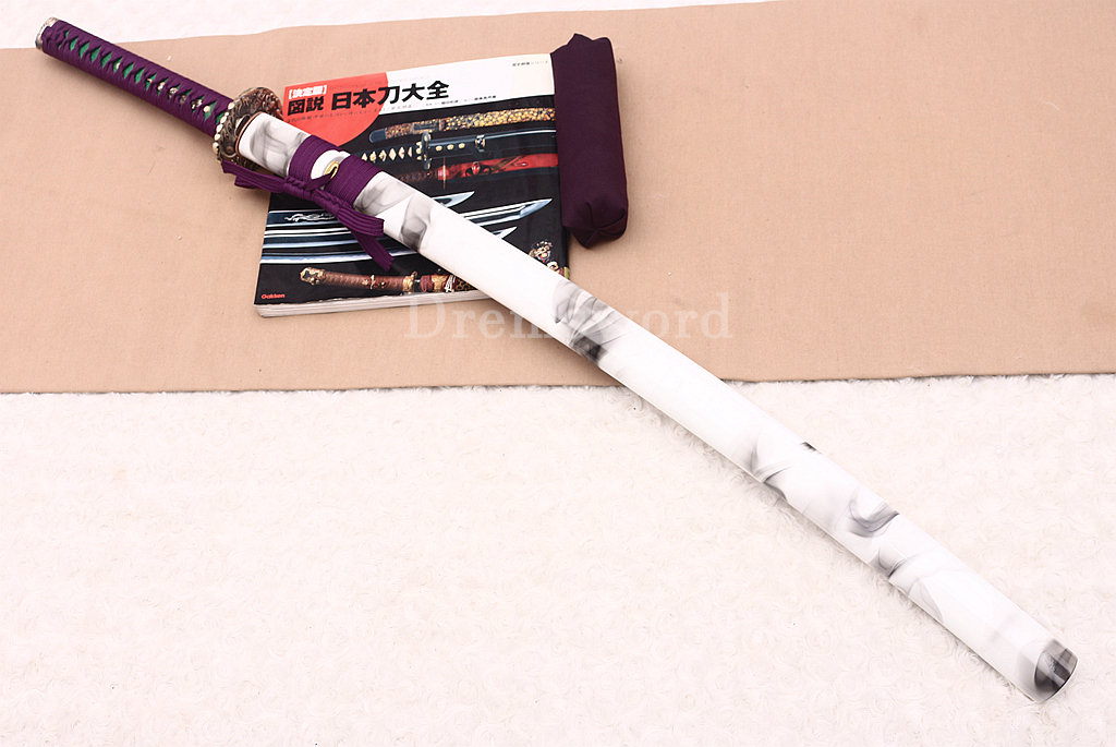 Handmade Damascus Folded Steel Katana Japanese Samurai Real Sword Battle Ready Shinogi Zukuri Purple and White