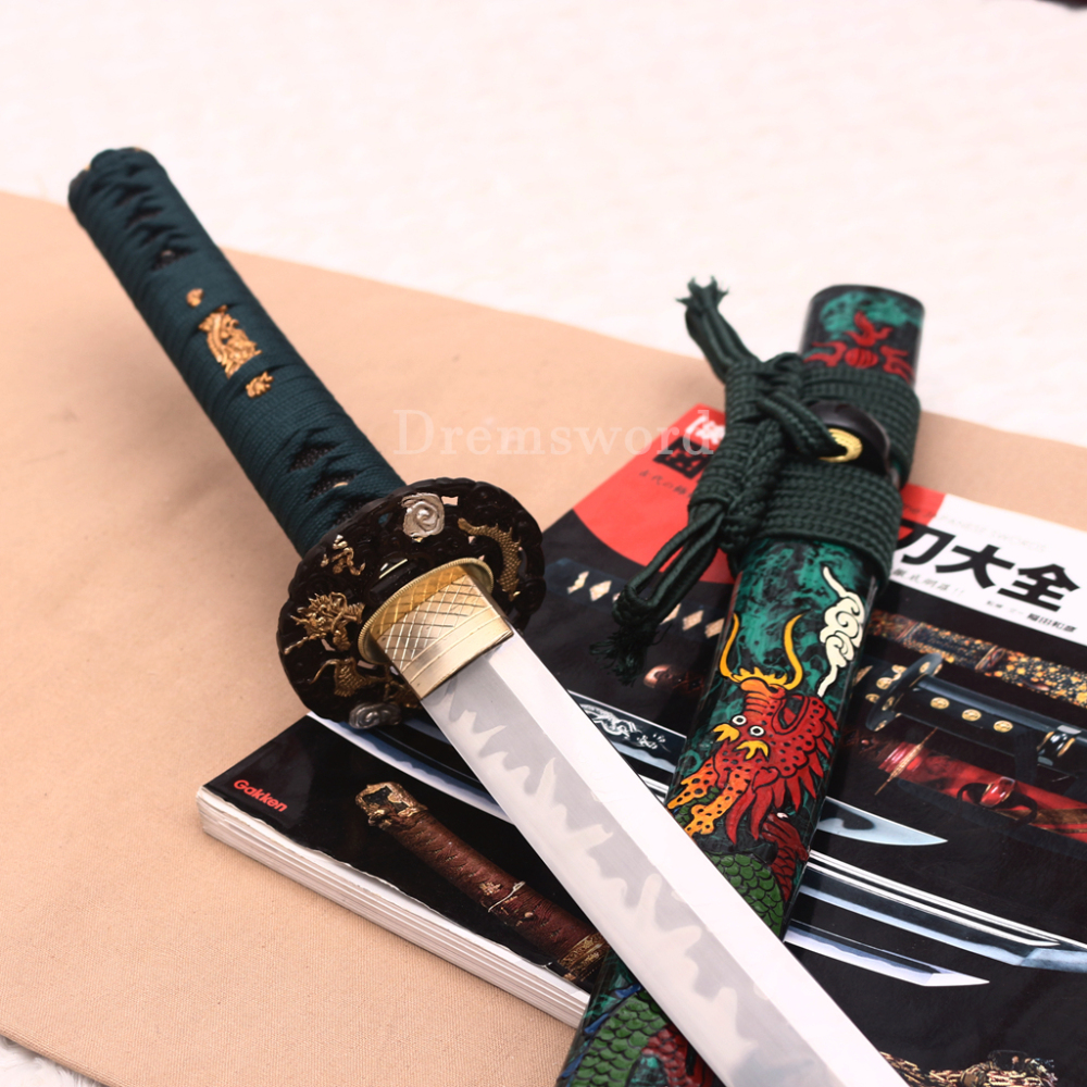 T10 Clay Tempered Katana Hitatsura Hamon Japanese Samurai Sword SHINOGI-ZUKURI Full Tang Hand Painting Dargon Saya Green