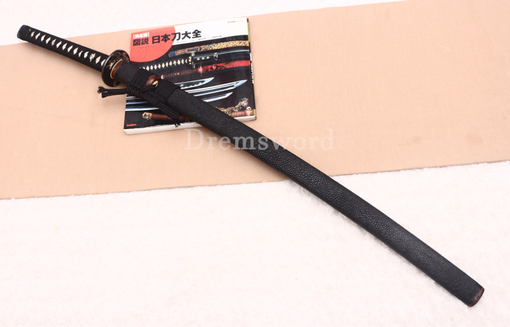 Folded Steel Clay Tempered Katana Abrasive Hamon Japanese Samurai Sword Full Rayskin Wrapped Saya Shinogi-Zukuri Black