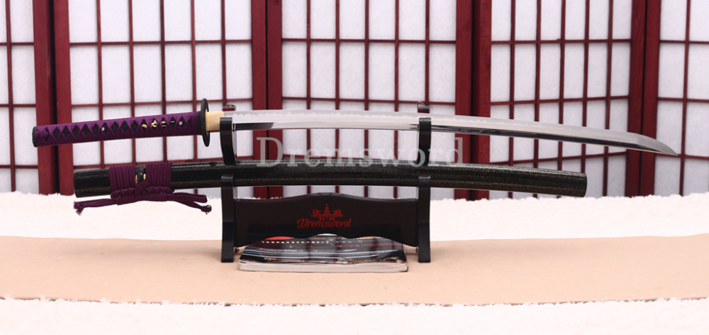 T10 Clay Tempered Katana Hadori Polishing Japanese Samurai Sword SHINOGI-ZUKURI Full Tang Ox Horn Saya Black and Purple