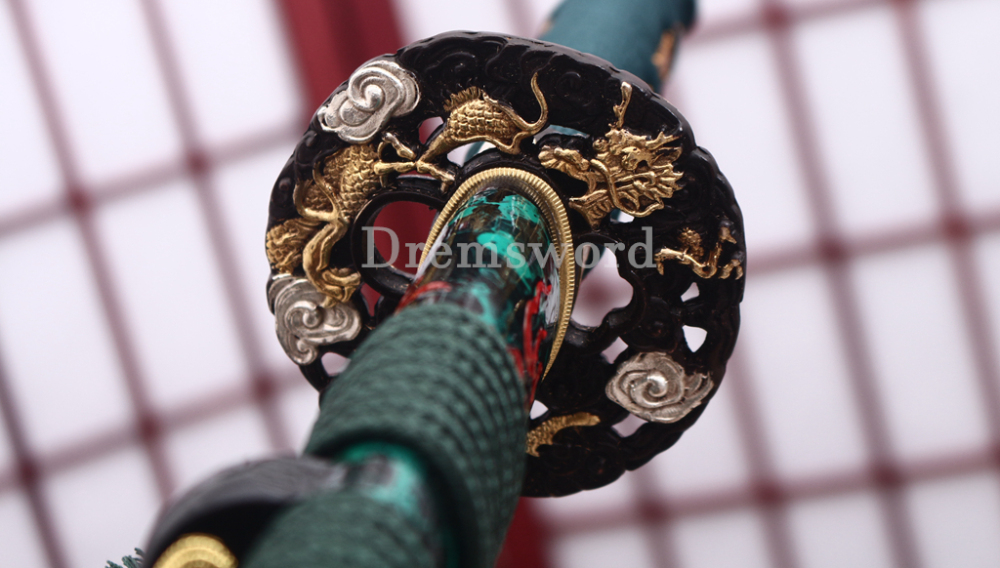 T10 Clay Tempered Katana Hitatsura Hamon Japanese Samurai Sword SHINOGI-ZUKURI Full Tang Hand Painting Dargon Saya Green