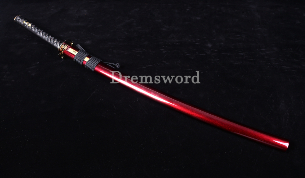 T10 Clay Tempered Kozuka Katana Japanese Samurai Sword SHINOGI-ZUKURI Full Tang Red Saya