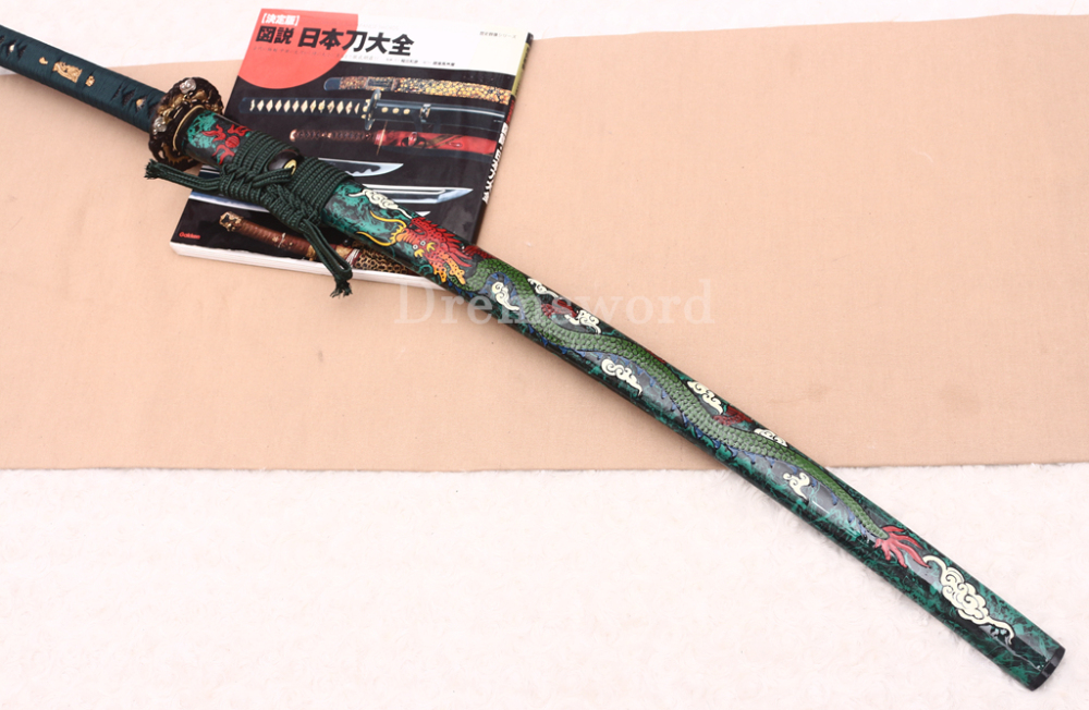 T10 Clay Tempered Katana Hitatsura Hamon Japanese Samurai Sword SHINOGI-ZUKURI Full Tang Hand Painting Dargon Saya Green