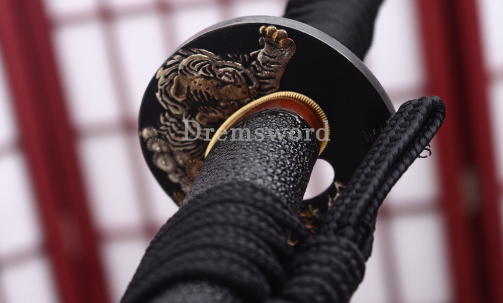 Folded Steel Clay Tempered Katana Abrasive Hamon Japanese Samurai Sword Full Rayskin Wrapped Saya Shinogi-Zukuri Black