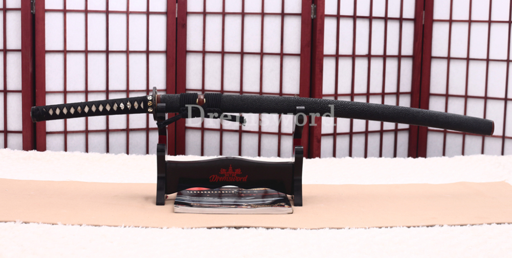 Folded Steel Clay Tempered Katana Abrasive Hamon Japanese Samurai Sword Full Rayskin Wrapped Saya Shinogi-Zukuri Black