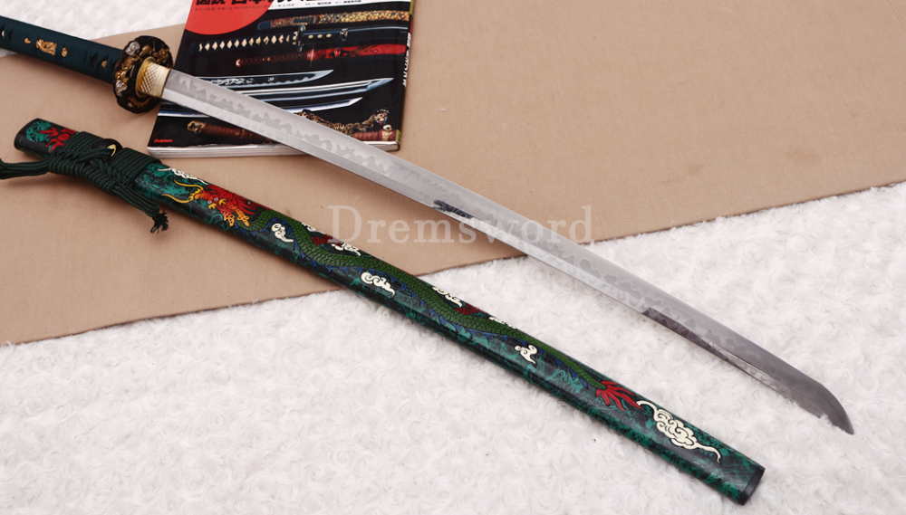 T10 Clay Tempered Katana Hitatsura Hamon Japanese Samurai Sword SHINOGI-ZUKURI Full Tang Hand Painting Dargon Saya Green