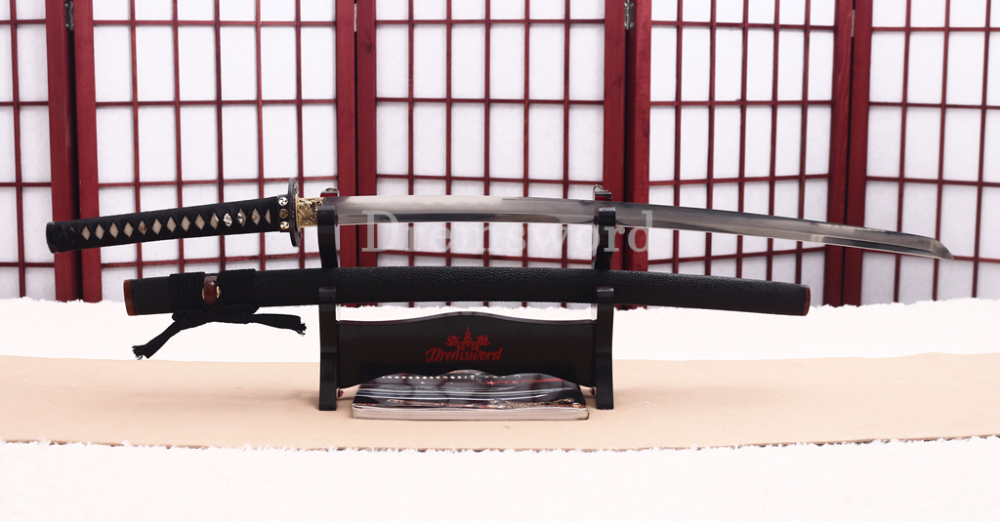 Folded Steel Clay Tempered Katana Abrasive Hamon Japanese Samurai Sword Full Rayskin Wrapped Saya Shinogi-Zukuri Black