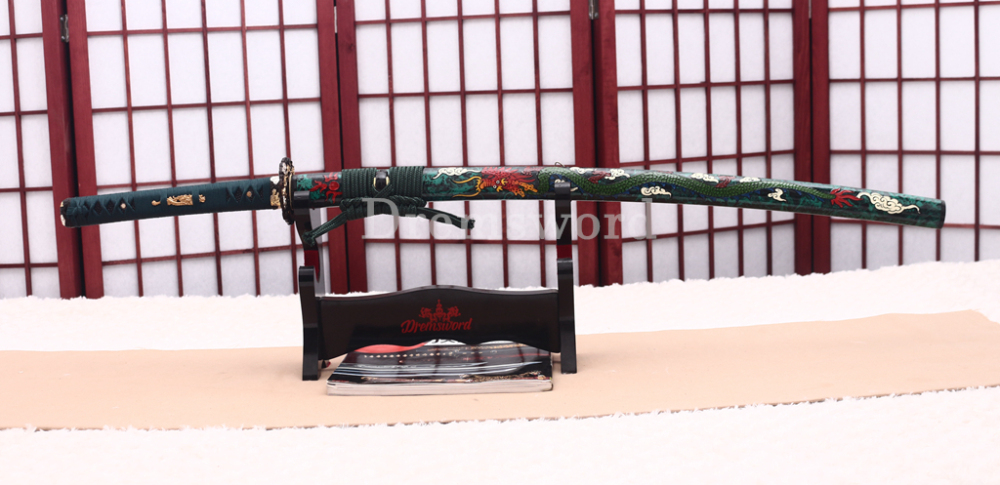 T10 Clay Tempered Katana Hitatsura Hamon Japanese Samurai Sword SHINOGI-ZUKURI Full Tang Hand Painting Dargon Saya Green