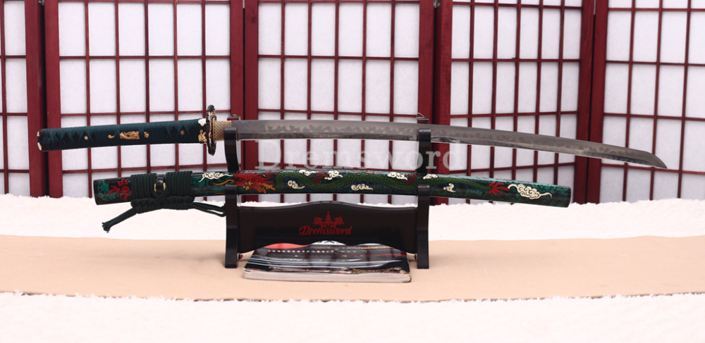 T10 Clay Tempered Katana Hitatsura Hamon Japanese Samurai Sword SHINOGI-ZUKURI Full Tang Hand Painting Dargon Saya Green