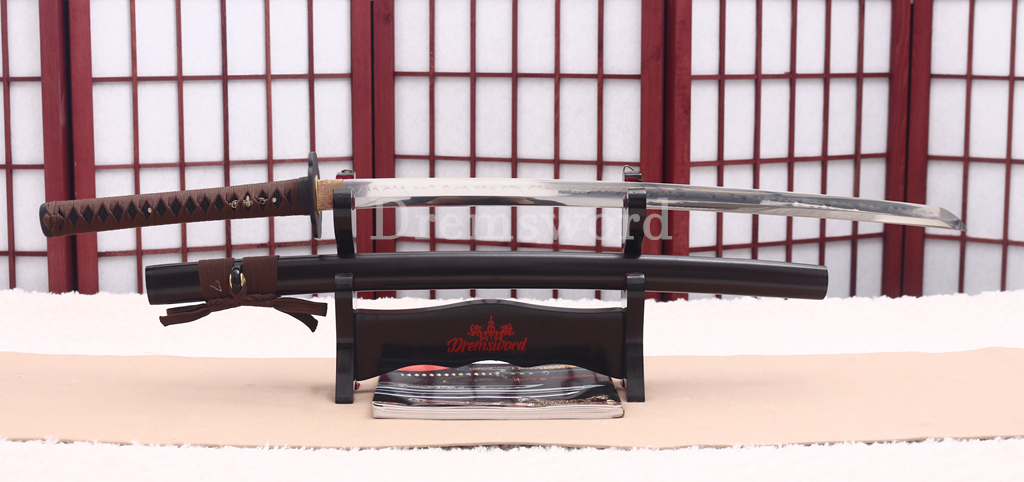 1095 High Carbon Steel Clay Tempered Katana KO Kissaki Japanese Samurai Sword SHINOGI-ZUKURI Full Tang Dark Brown Saya