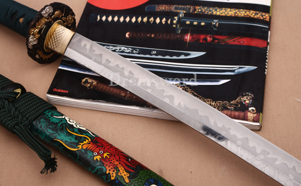 T10 Clay Tempered Katana Hitatsura Hamon Japanese Samurai Sword SHINOGI-ZUKURI Full Tang Hand Painting Dargon Saya Green