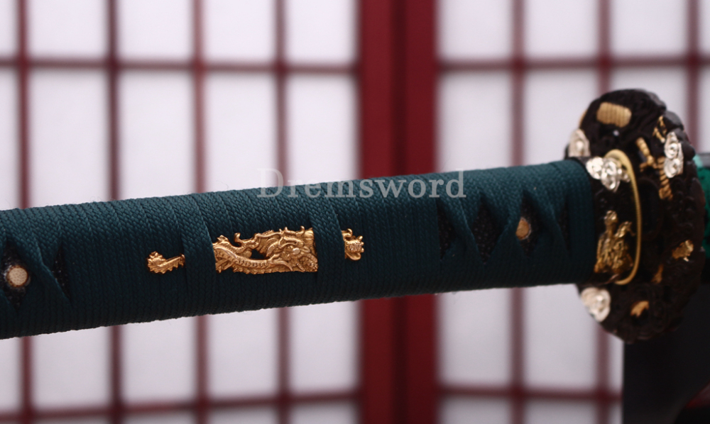 T10 Clay Tempered Katana Hitatsura Hamon Japanese Samurai Sword SHINOGI-ZUKURI Full Tang Hand Painting Dargon Saya Green