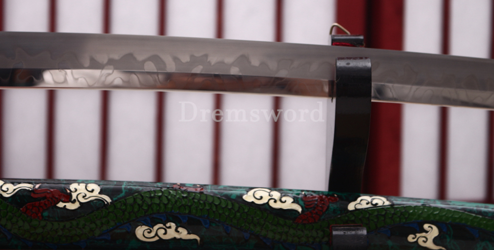 T10 Clay Tempered Katana Hitatsura Hamon Japanese Samurai Sword SHINOGI-ZUKURI Full Tang Hand Painting Dargon Saya Green
