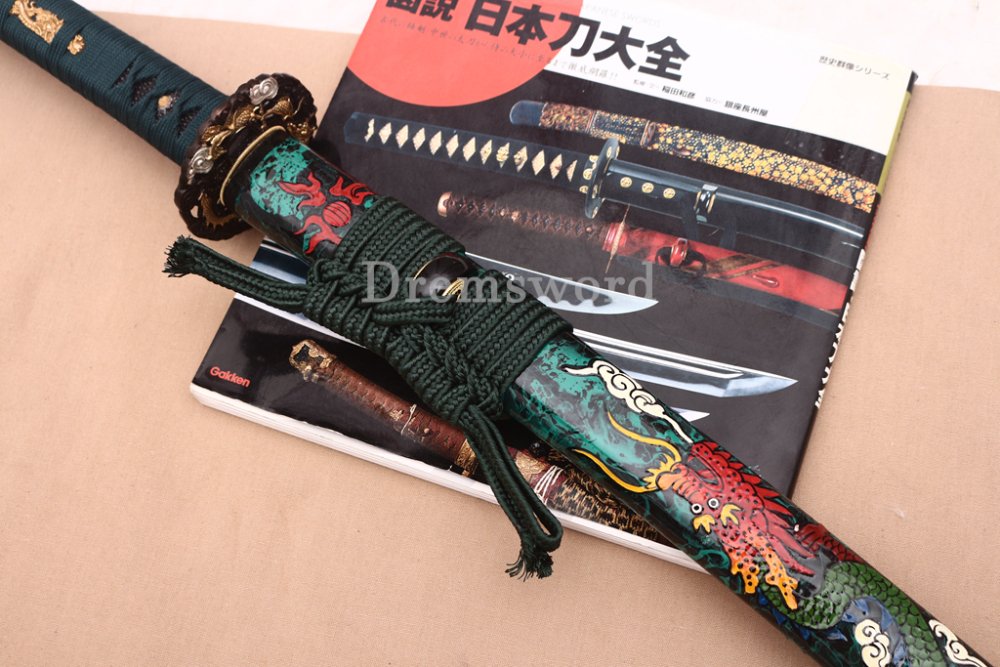 T10 Clay Tempered Katana Hitatsura Hamon Japanese Samurai Sword SHINOGI-ZUKURI Full Tang Hand Painting Dargon Saya Green