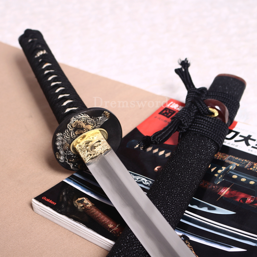 Folded Steel Clay Tempered Katana Abrasive Hamon Japanese Samurai Sword Full Rayskin Wrapped Saya Shinogi-Zukuri Black