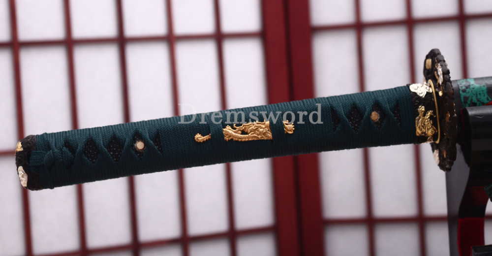 T10 Clay Tempered Katana Hitatsura Hamon Japanese Samurai Sword SHINOGI-ZUKURI Full Tang Hand Painting Dargon Saya Green