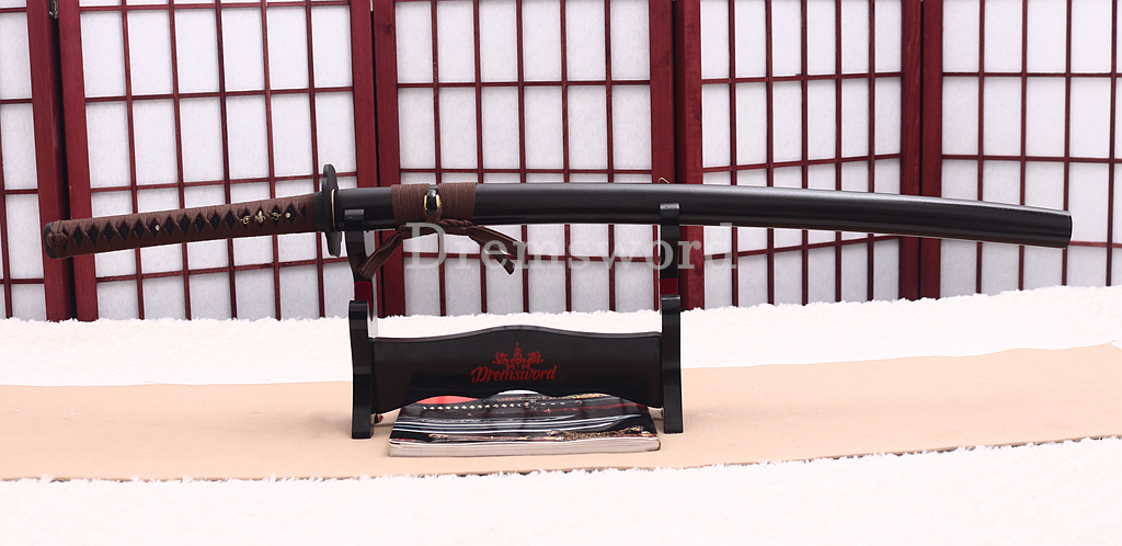 1095 High Carbon Steel Clay Tempered Katana KO Kissaki Japanese Samurai Sword SHINOGI-ZUKURI Full Tang Dark Brown Saya