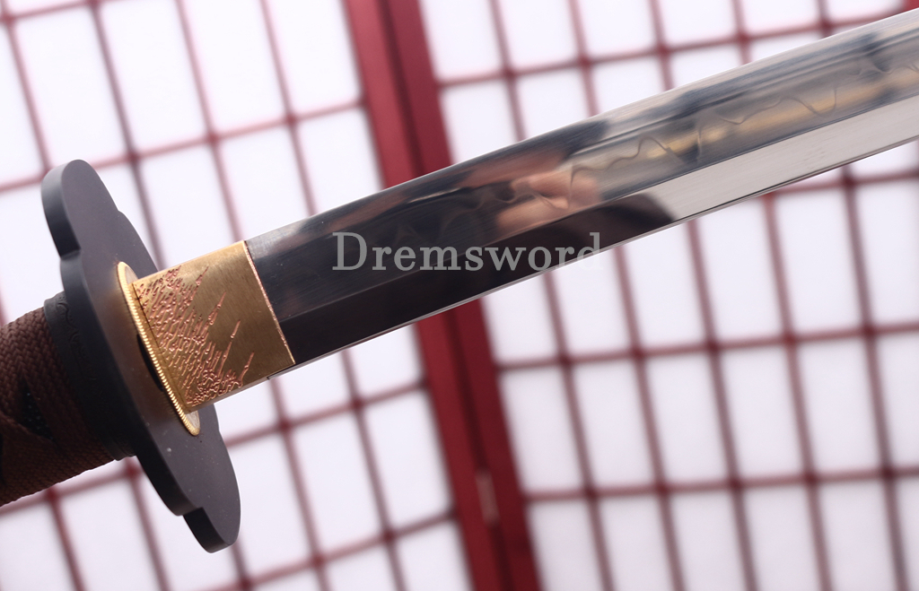 1095 High Carbon Steel Clay Tempered Katana KO Kissaki Japanese Samurai Sword SHINOGI-ZUKURI Full Tang Dark Brown Saya