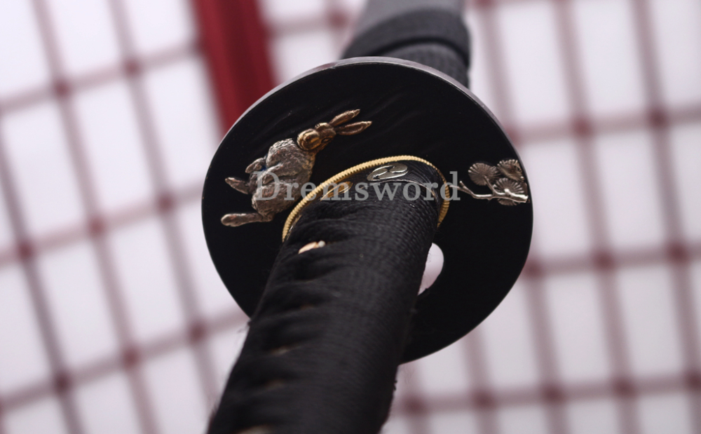 Folded Steel Clay Tempered Katana Abrasive Hamon Japanese Samurai Sword Full Rayskin Wrapped Saya Shinogi-Zukuri Black
