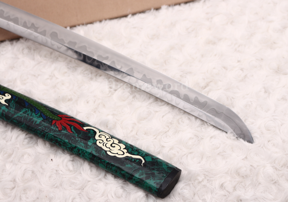 T10 Clay Tempered Katana Hitatsura Hamon Japanese Samurai Sword SHINOGI-ZUKURI Full Tang Hand Painting Dargon Saya Green