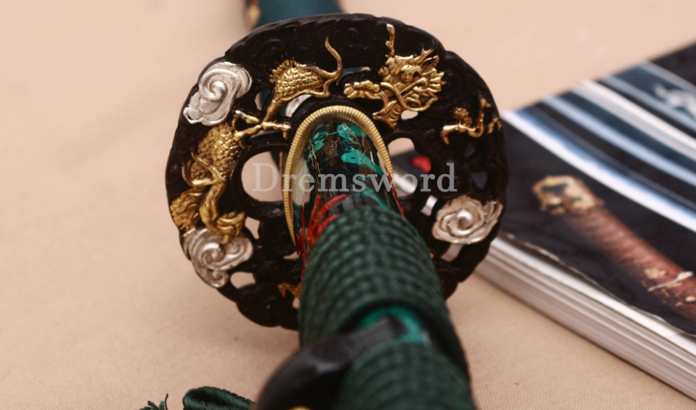 T10 Clay Tempered Katana Hitatsura Hamon Japanese Samurai Sword SHINOGI-ZUKURI Full Tang Hand Painting Dargon Saya Green