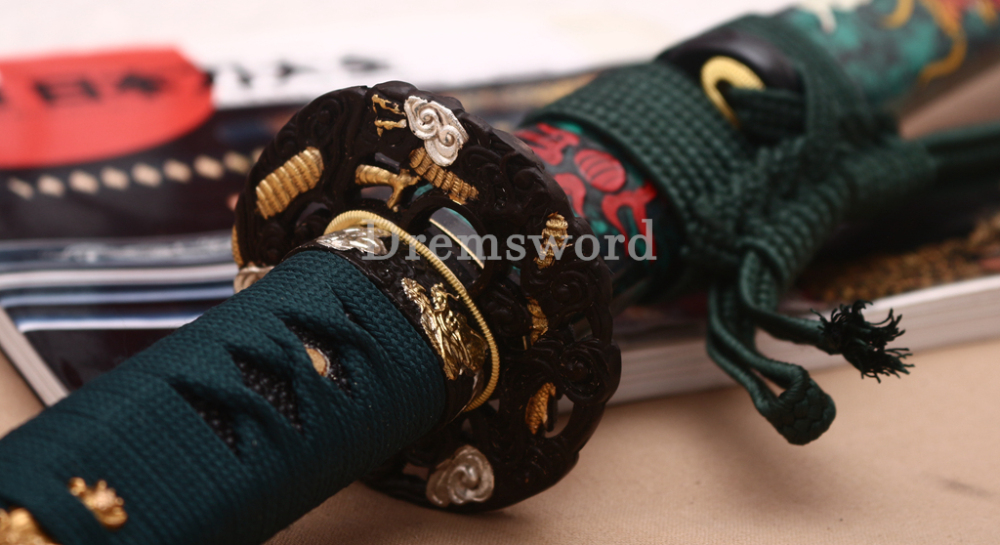 T10 Clay Tempered Katana Hitatsura Hamon Japanese Samurai Sword SHINOGI-ZUKURI Full Tang Hand Painting Dargon Saya Green