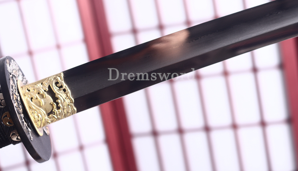 Folded Steel Clay Tempered Katana Abrasive Hamon Japanese Samurai Sword Full Rayskin Wrapped Saya Shinogi-Zukuri Black
