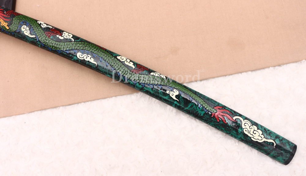 T10 Clay Tempered Katana Hitatsura Hamon Japanese Samurai Sword SHINOGI-ZUKURI Full Tang Hand Painting Dargon Saya Green