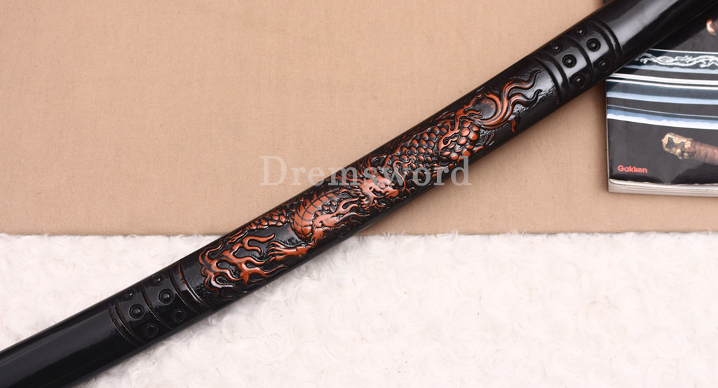 Honsanmai Clay Tempered Katana Japanese Samurai Sword Hand Polishing Hamon Carved Dragon Saya Shinogi-Zukuri Black