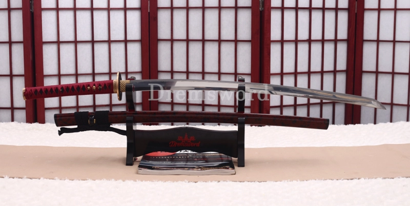 Handmade L6 Steel Clay Tempered Katana Japanese Samurai Sword Sharp Shinogi-Zukuri Sword Red