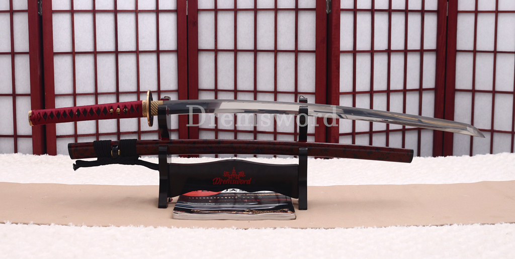 Handmade L6 Steel Clay Tempered Katana Japanese Samurai Sword Sharp Shinogi-Zukuri Sword Red