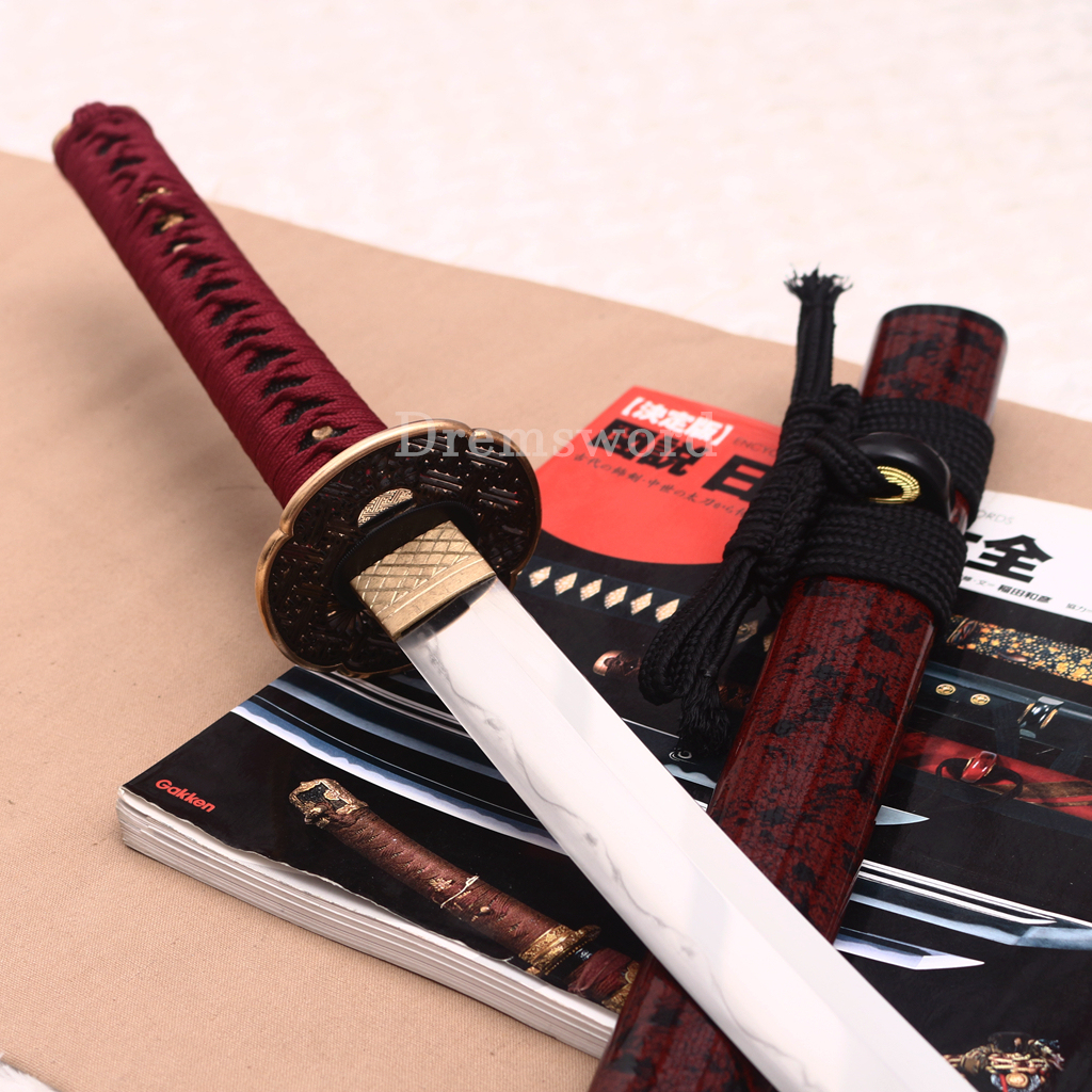 Handmade L6 Steel Clay Tempered Katana Japanese Samurai Sword Sharp Shinogi-Zukuri Sword Red