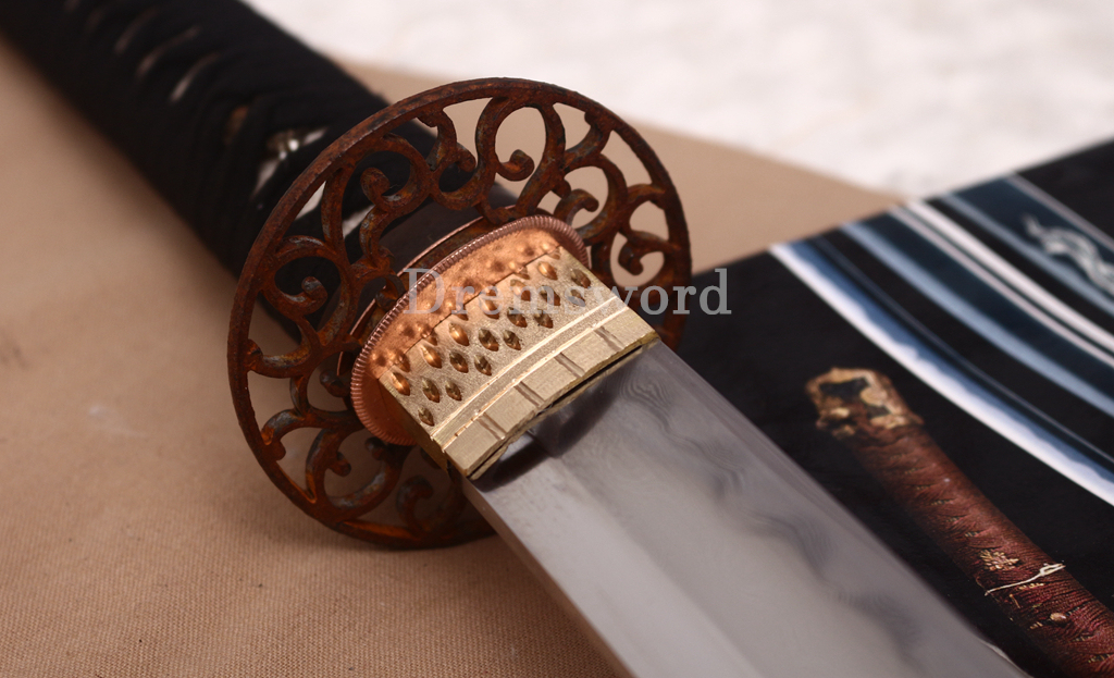High Quality Tamahagane Katana Japanese Samurai Sword SHINOGI-ZUKURI Full Tang Ox Horn Black Rattan Saya Old treated Tsuba