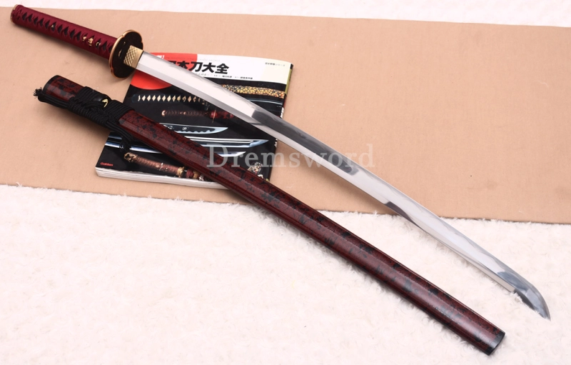 Handmade L6 Steel Clay Tempered Katana Japanese Samurai Sword Sharp Shinogi-Zukuri Sword Red