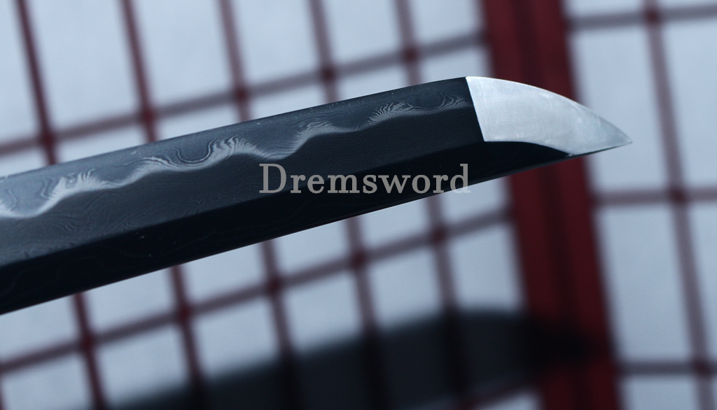 High Quality Tamahagane Katana Japanese Samurai Sword SHINOGI-ZUKURI Full Tang Ox Horn Black Rattan Saya Old treated Tsuba