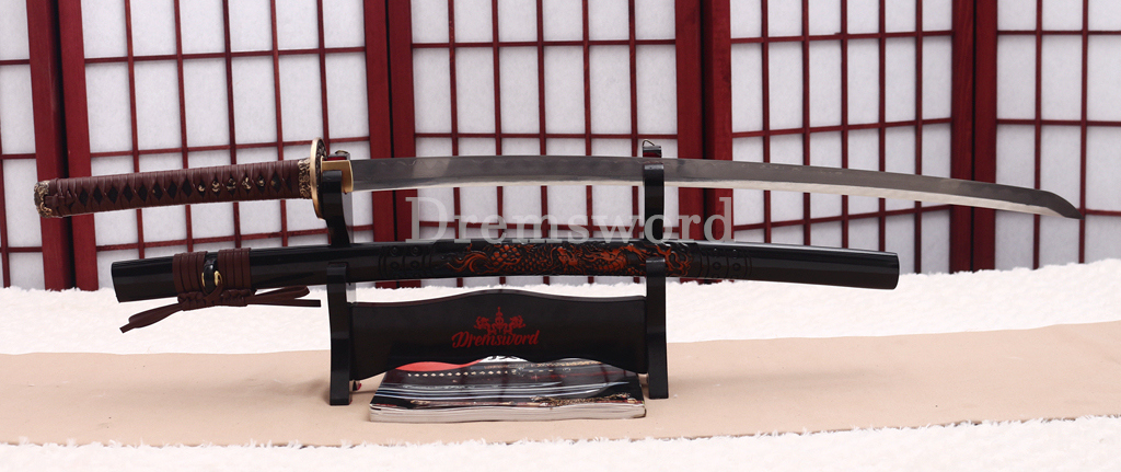 Honsanmai Clay Tempered Katana Japanese Samurai Sword Hand Polishing Hamon Carved Dragon Saya Shinogi-Zukuri Black
