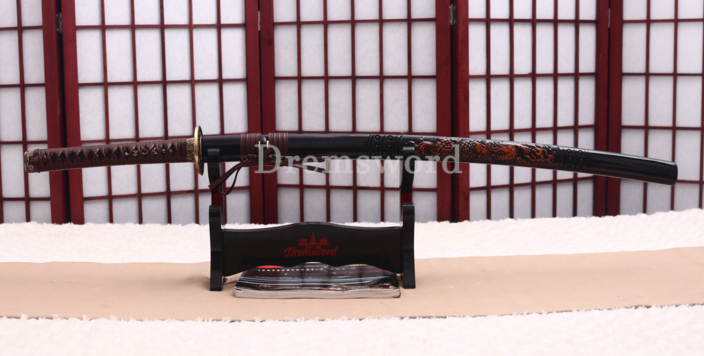 Honsanmai Clay Tempered Katana Japanese Samurai Sword Hand Polishing Hamon Carved Dragon Saya Shinogi-Zukuri Black