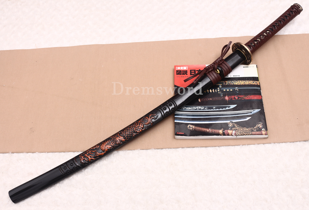 Honsanmai Clay Tempered Katana Japanese Samurai Sword Hand Polishing Hamon Carved Dragon Saya Shinogi-Zukuri Black