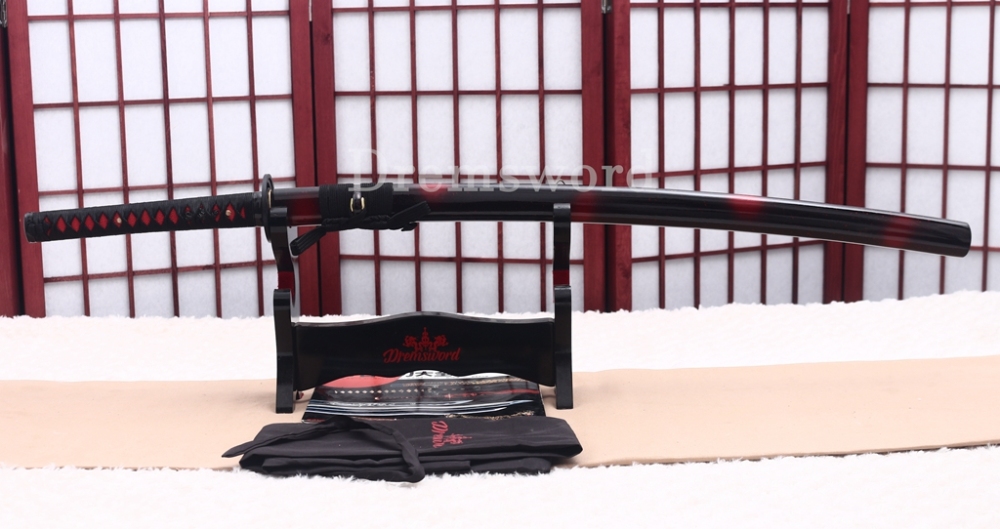 1095 High Carbon Steel Katana Red Blade Japanese Samurai Functional Battle Sword Shinogi ZUKURI Black