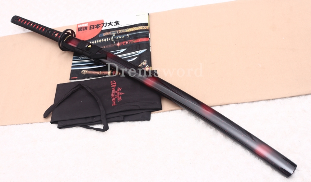 1095 High Carbon Steel Katana Red Blade Japanese Samurai Functional Battle Sword Shinogi ZUKURI Black