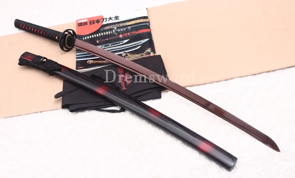 1095 High Carbon Steel Katana Red Blade Japanese Samurai Functional Battle Sword Shinogi ZUKURI Black