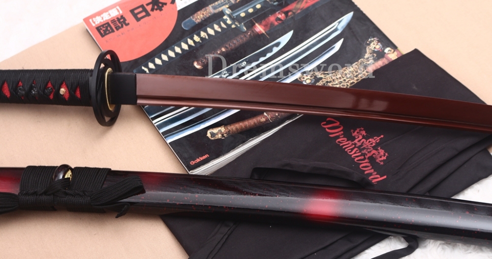 1095 High Carbon Steel Katana Red Blade Japanese Samurai Functional Battle Sword Shinogi ZUKURI Black